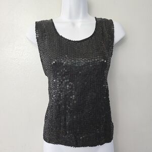 Vtg Shimmer Black Sequin Disco Tank Shirt Top Silk 70s Flapper Glamour Rave
